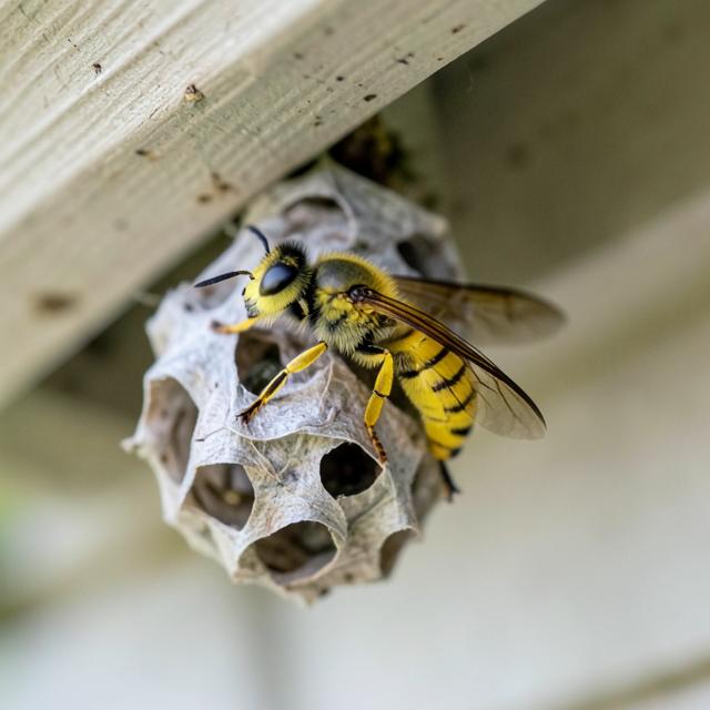 Yellow jacket wasp on a paper nest beneath an eave